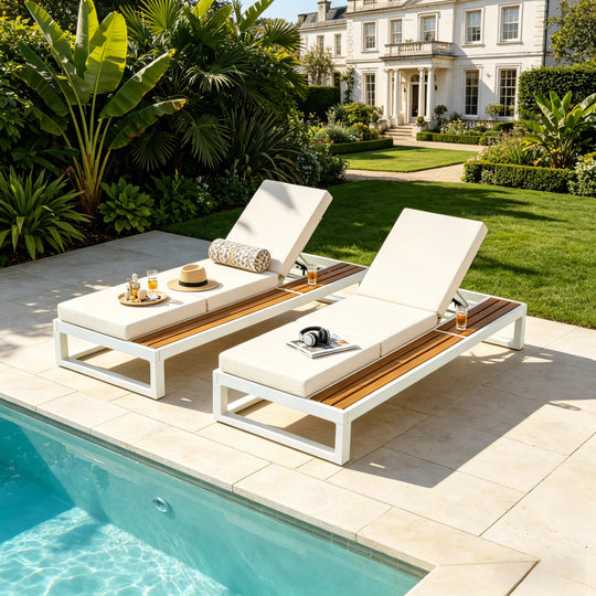 White Iron &amp; Teak Finish Chaise Lounge Set