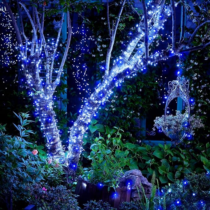 JMEXSUSS 250LED Christmas String Lights 91.5ft Extendable Green Wire Christmas Lights Outdoor Waterproof, 8 Modes LED String Lights Indoor for Tree Wedding Party Garden Patio Decoration, Blue &amp; White