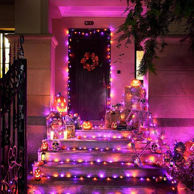JMEXSUSS 250LED Orange and Purple String Lights Outdoor Waterproof, 8 Lighting Modes Orange and Purple Christmas Lights 91.5ft Connectable Halloween Light Indoor for Tree Yard Patio House Decor