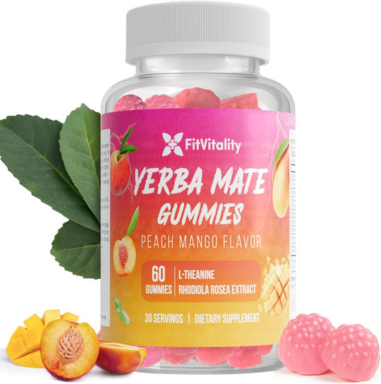 Yerba Mate Gummies – Super Focus &amp; Energy Support – Formulated with Yerba Mate Extract, L-Theanine, Rhodiola, Ginseng, Choline, B12 – Peach Mango Flavor