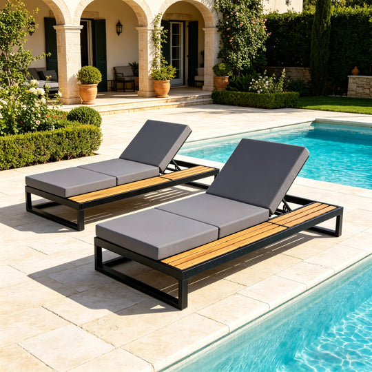 Black Iron &amp; Teak Finish Chaise Lounge Set: 1 Frame + 1 3-Fold Dark Cushion
