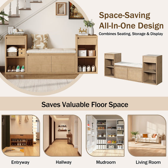 Entryway Storage Bench With Cushion, Drawers &amp; Open Shelves