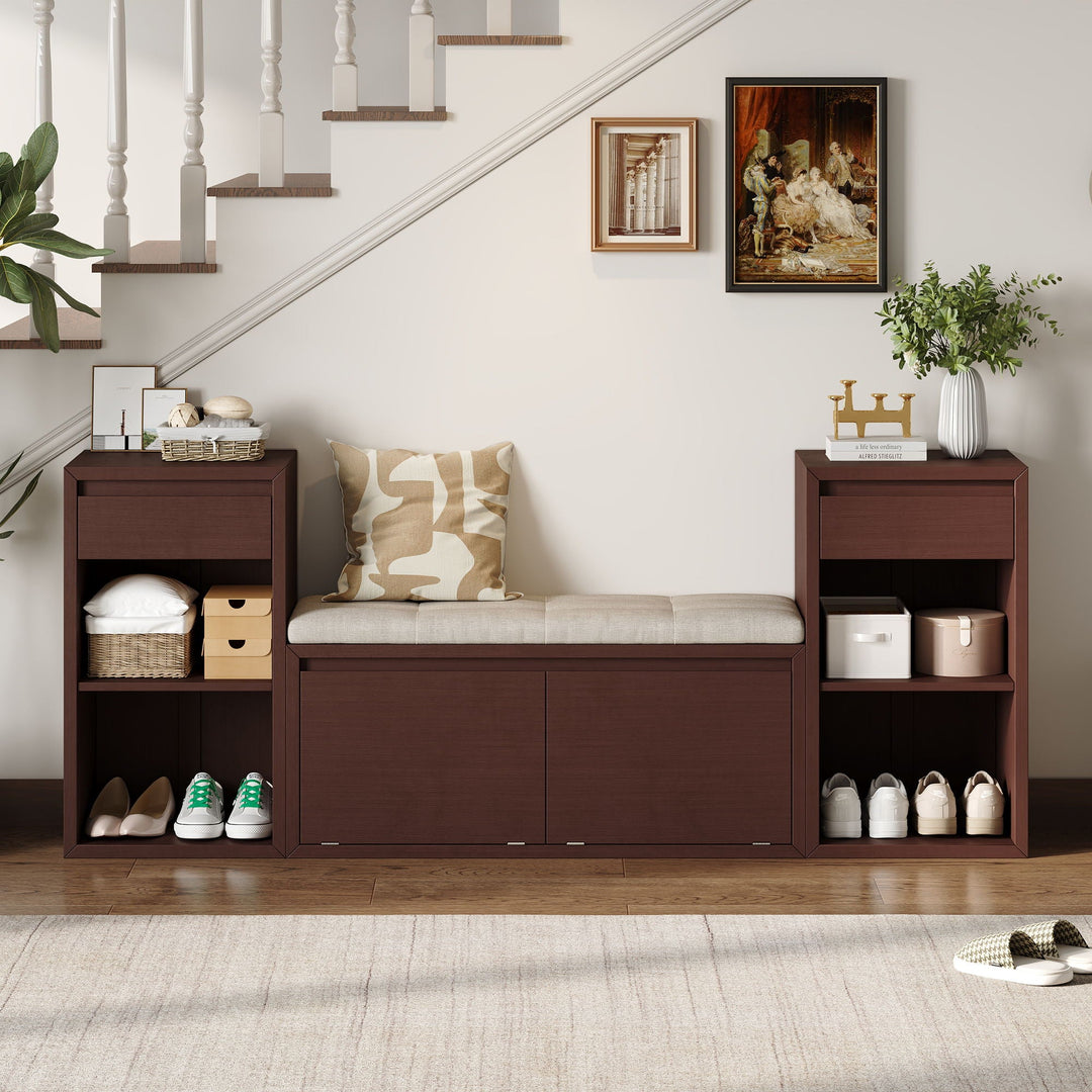 Entryway Storage Bench With Cushion, Drawers &amp; Open Shelves