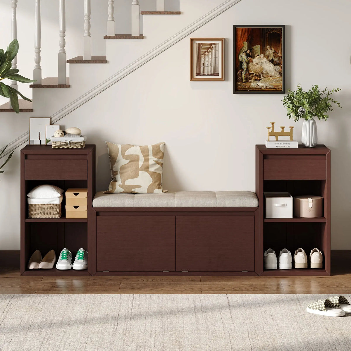 Bench with Cushion, Drawers & Open Shelves for Your Entryway