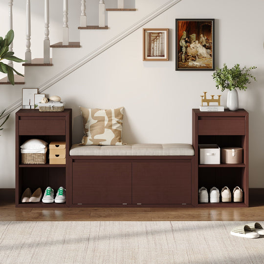 Entryway Storage Bench With Cushion, Drawers &amp; Open Shelves