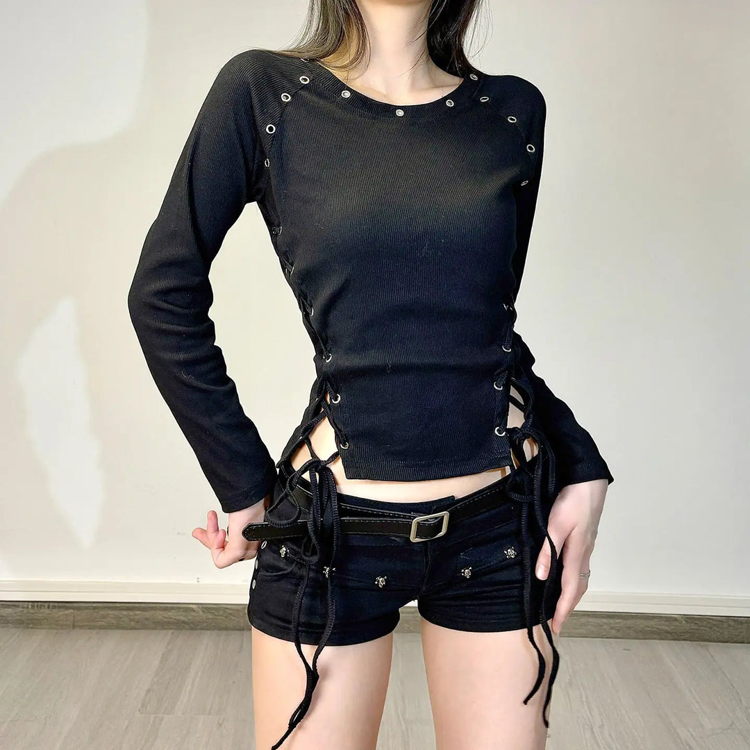 Post-apocalyptic Dark-style Crew-neck Long Sleeves With Eyelet Drawstrings And Lace-up Detailing