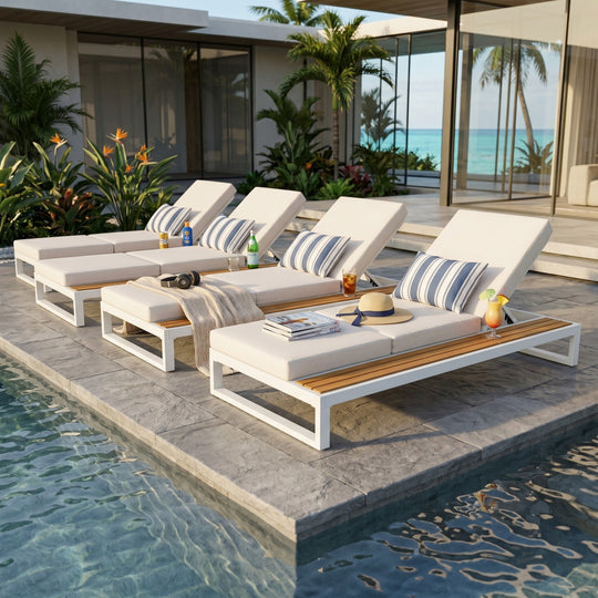 White Iron &amp; Teak Finish Chaise Lounge Set