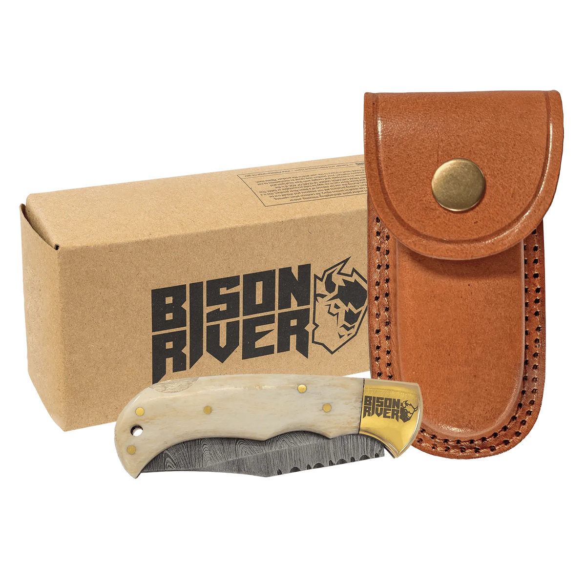 3.75" Damascus Steel Knife with Leather Sheath with Bone