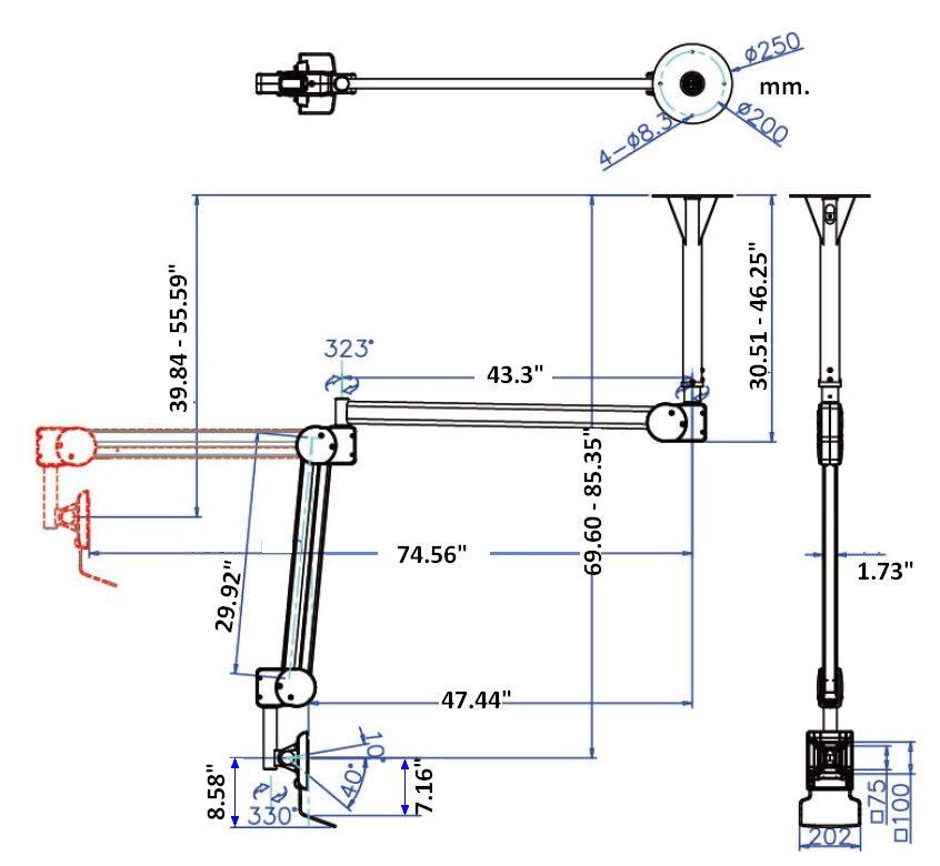 DC982CA Extra Long Ceiling Monitor Arm Adjustable 74 inch extension