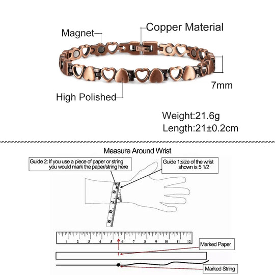 Magnetic Bracelet for Women Heart Pure Copper Energy Bracelet Healing Chain Link Vintage Magnetic Copper Bracelets Therapy Arthr