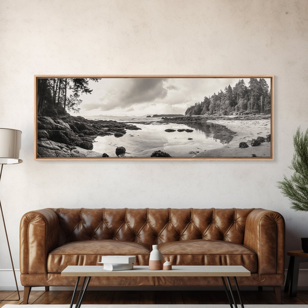 Tidal Pools, Coastal Calm, Forest Edge, Framed Canvas Print, Tranquil Bathroom Art, Pacific Northwest Decor, Nature Inspired Style