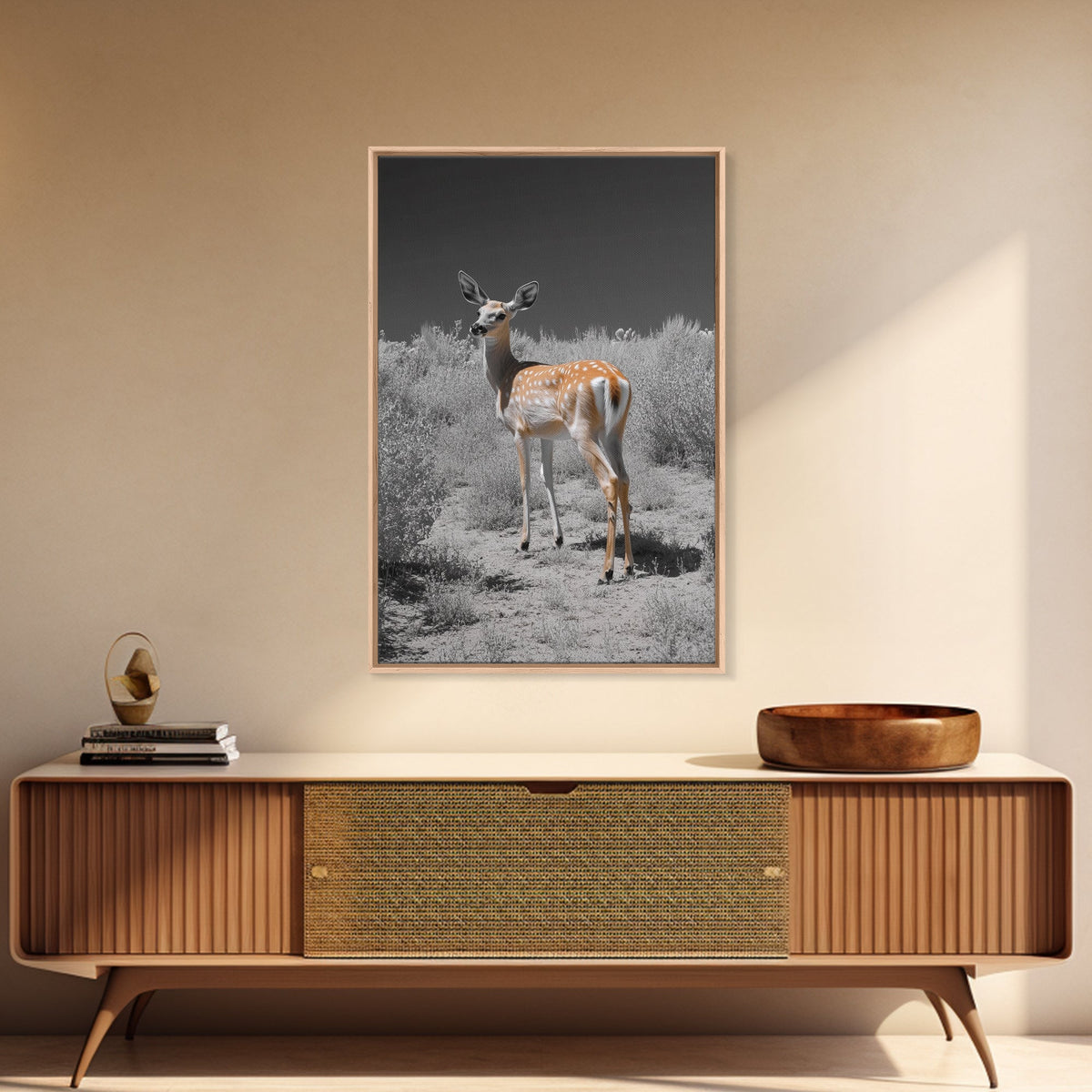Baby Deer, Spotted Fawn, Desert Wildlife, Framed Canvas Print, Nursery Wall Art, Wildlife Nature Decor, Gentle Forest Animal Art