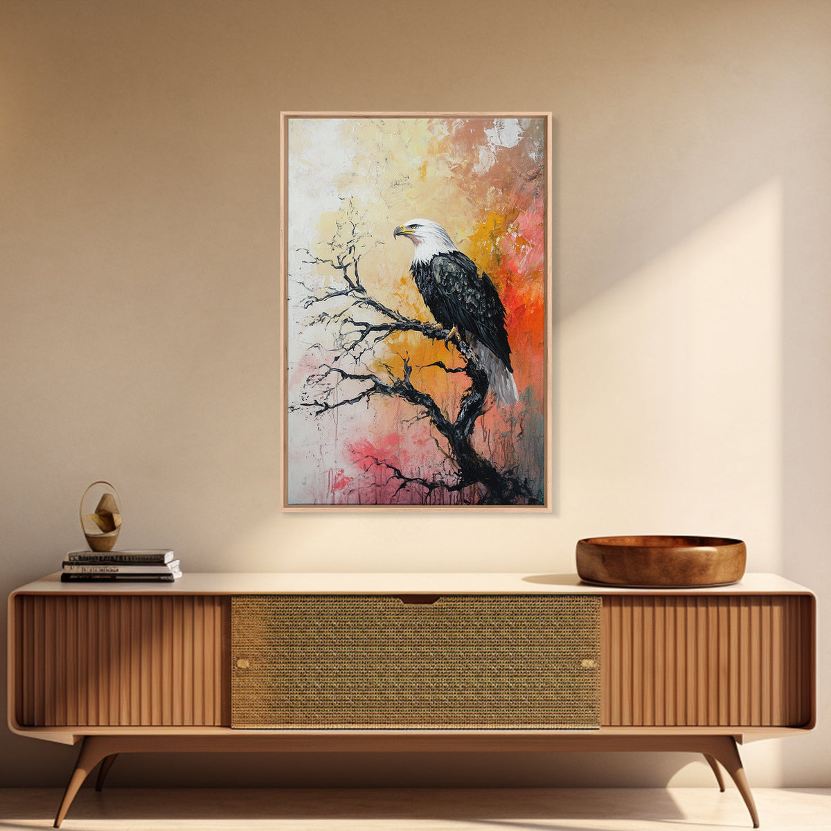 Eagle on Branch, textured painting, wildlife wall art, rustic art, autumn colors, farmhouse decor, framed canvas print, bird art