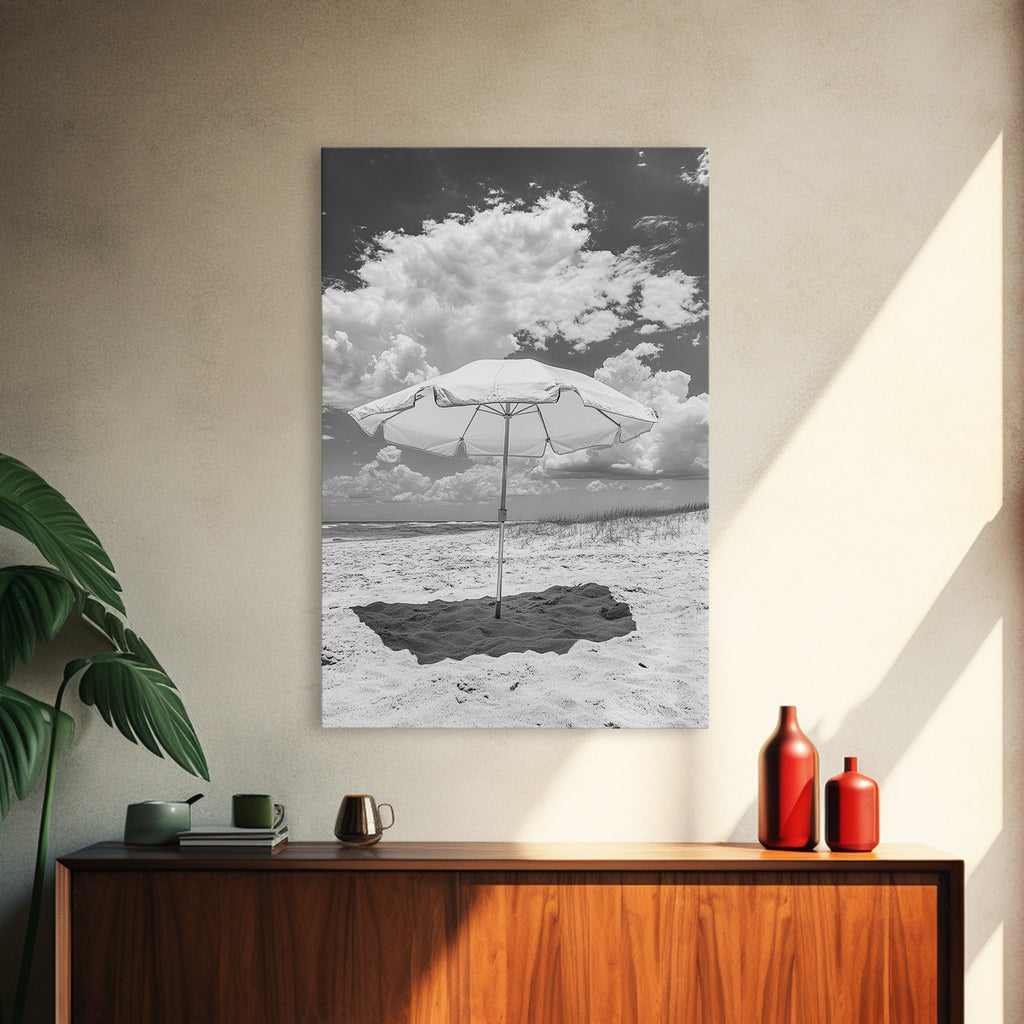 Beach Umbrella, Sunny Escape, Coastal Cloudscape, Framed Canvas Print, Summer Vibe Wall Art, Outdoor Living Decor, Travel Mood