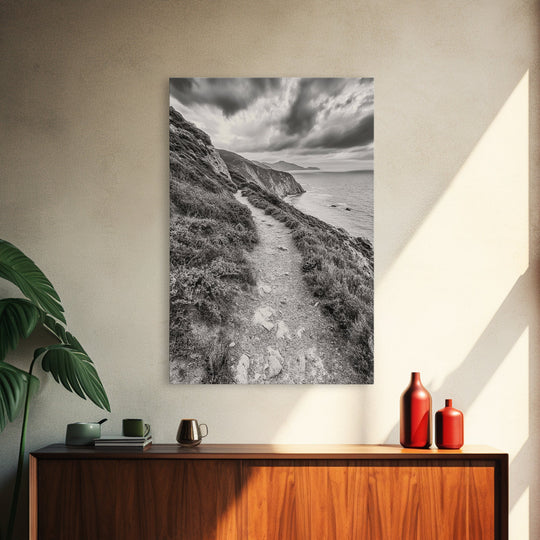 Cliffside Path, Coastal Trail, Ocean Escape, Canvas Print, Moody Landscape Wall Art, Living Room Decor, Adventure Travel Aesthetic