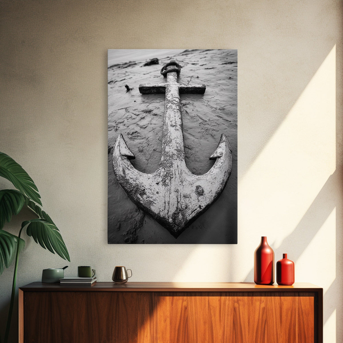 Abandoned Anchor, Nautical Decor, Black White Beach, Framed Canvas Print, Rustic Coastal Wall Art, Entryway Nautical Accent