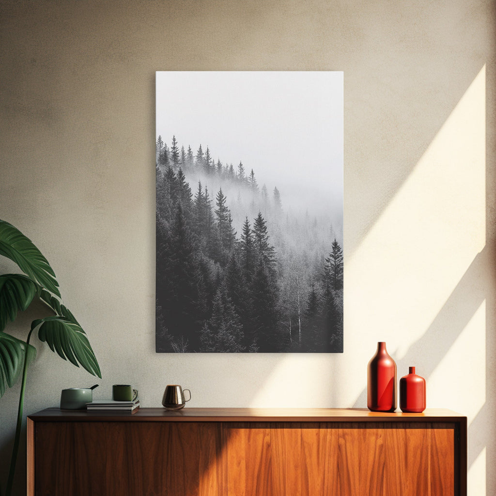 Misty Forest, Pine Trees, Foggy Morning, Canvas Print, Moody Nature Wall Art, Nordic Bedroom Decor, Monochrome Forest Landscape