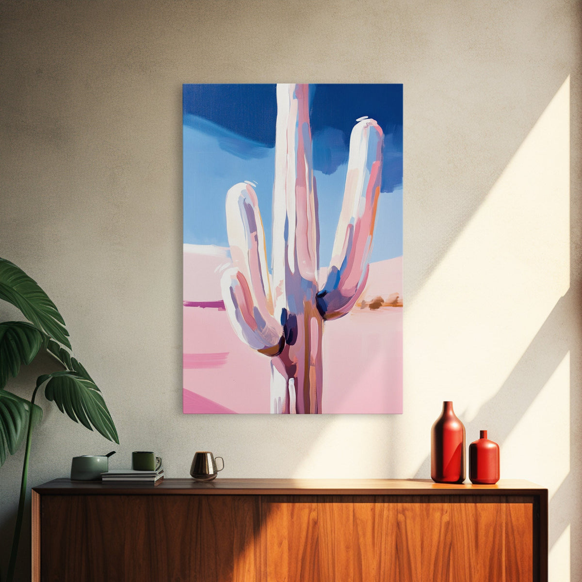 Abstract Cactus, Pastel Desert, Minimalist Landscape, Southwest Wall Art, Canvas Print, Vertical Wall Art, Boho Art, Light Pink Wall Art