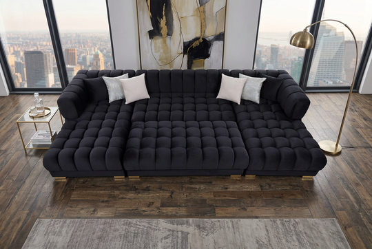 Lipa Black Velvet Double Chaise "U" Shape Sectional Sofa