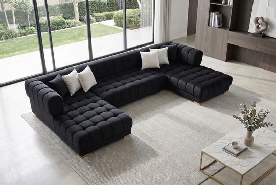 Lipa Black Velvet Double Chaise "U" Shape Sectional Sofa