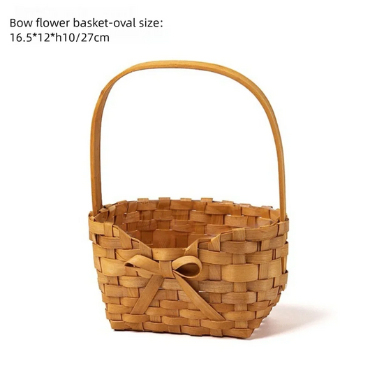 Willow Rattan Bride Flower Basket Picnic Container with Handle Bowknot Flower Basket Hand-Woven Picnic Weaving Basket