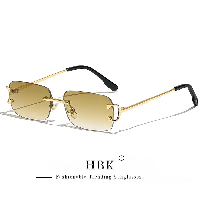 HBK Retro Borderless Sunglasses Women Square Mental Frame Sun Glasses Design Outdoor Party Travel UV400 Glasses Gift Box