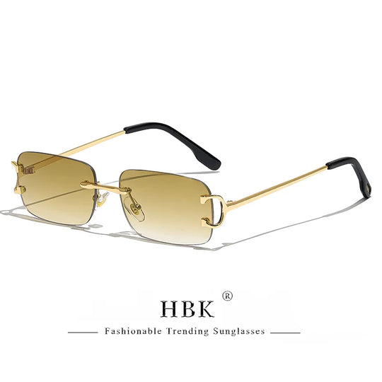 HBK Retro Borderless Sunglasses Women Square Mental Frame Sun Glasses Design Outdoor Party Travel UV400 Glasses Gift Box