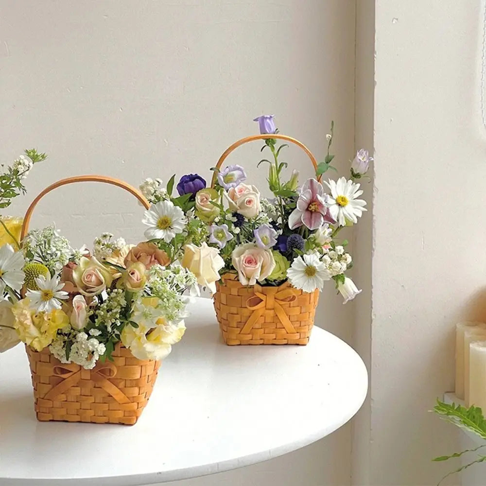 Willow Rattan Bride Flower Basket Picnic Container with Handle Bowknot Flower Basket Hand-Woven Picnic Weaving Basket