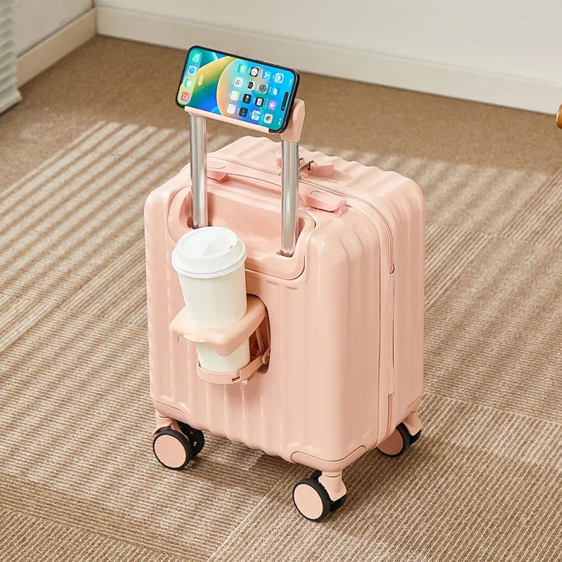 14-Inch Carry-On Suitcase with 3-Section Pull Rod Mobile Phone Holder And Cup Holder Lightweight Travel Luggage Handbag Suitcase