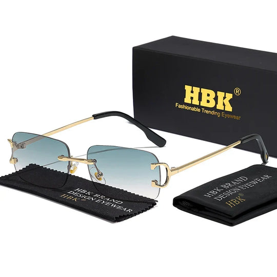 HBK Retro Borderless Sunglasses Women Square Mental Frame Sun Glasses Design Outdoor Party Travel UV400 Glasses Gift Box