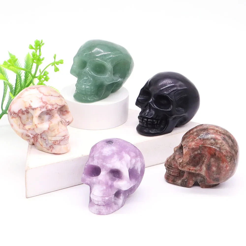 2" Skull Head Statue Natural Gemstone Healing Crystal Stone Carving Reiki Witchcraft Figurine Crafts Home Decor Halloween Gifts