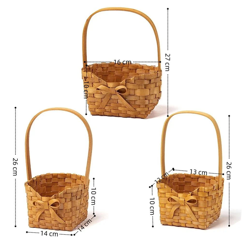 Willow Rattan Bride Flower Basket Picnic Container with Handle Bowknot Flower Basket Hand-Woven Picnic Weaving Basket