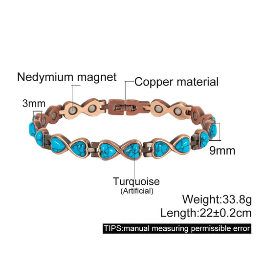 Vinterly Pure Copper Bracelet Magnetic Therapy 22cm Vintage Artificial Turquoise Benefits Chain Link Jewelry Blue Stones Magnets