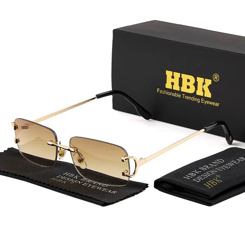 HBK Retro Borderless Sunglasses Women Square Mental Frame Sun Glasses Design Outdoor Party Travel UV400 Glasses Gift Box