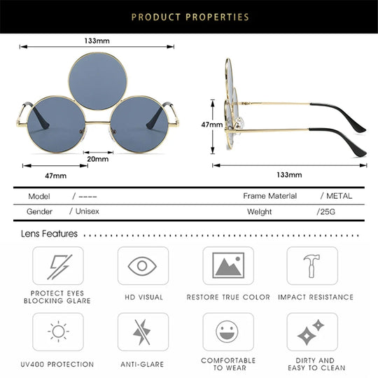 Novel Third Eye Round Metal Frame Sunglasses Chinese Style Erlang God Three Eyes Glasses Funny Party Halloween Cosplay Glasses