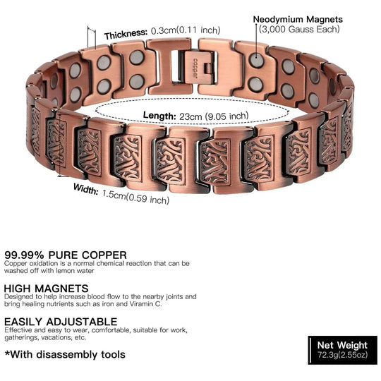 ARADOO Copper Bracelet for Men 100% Pure Copper Magnetic Link Bracelets Jewelry Gift with Adjustable Sizing Tool