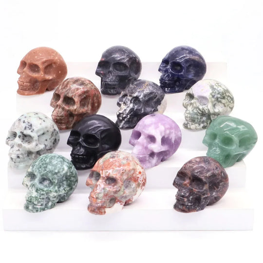 2" Skull Head Statue Natural Gemstone Healing Crystal Stone Carving Reiki Witchcraft Figurine Crafts Home Decor Halloween Gifts