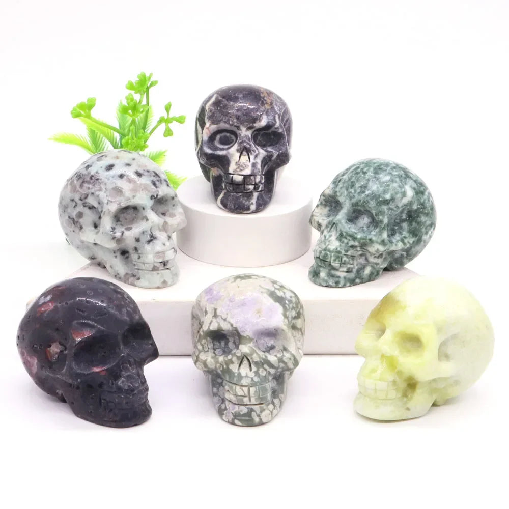 2" Skull Head Statue Natural Gemstone Healing Crystal Stone Carving Reiki Witchcraft Figurine Crafts Home Decor Halloween Gifts
