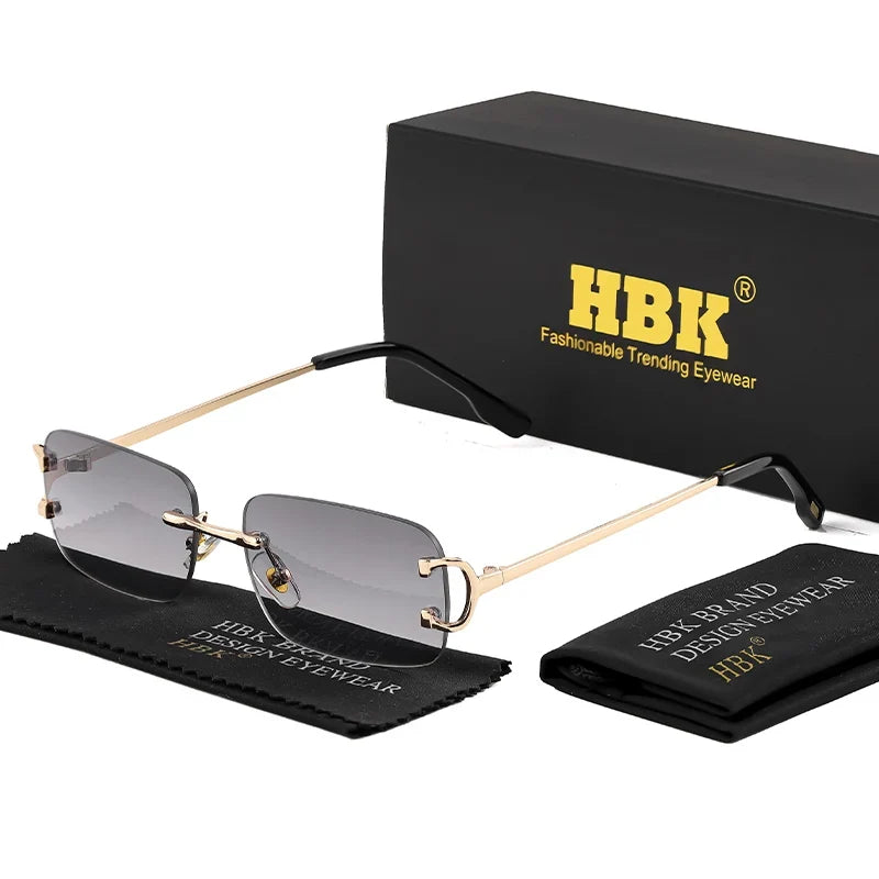 HBK Retro Borderless Sunglasses Women Square Mental Frame Sun Glasses Design Outdoor Party Travel UV400 Glasses Gift Box