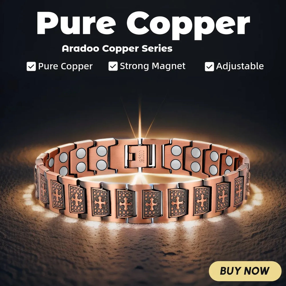 ARADOO Vintage Pure Copper Cross Men's Bracelet Magnetic Therapy Bracelet