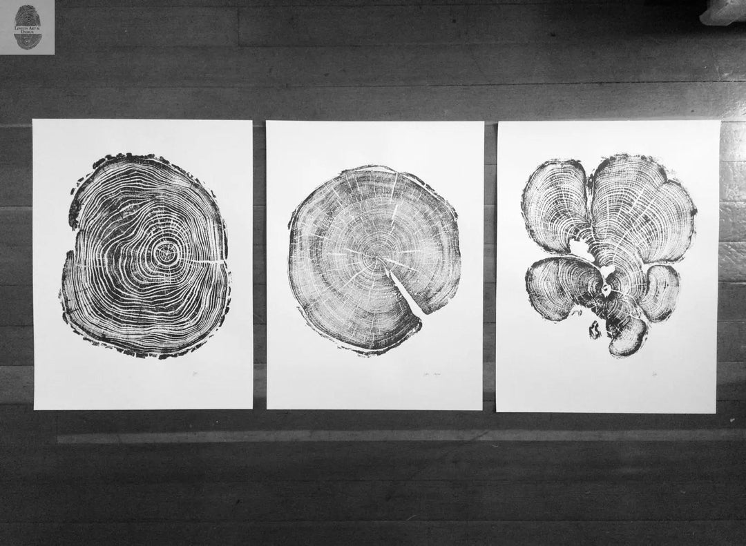 Three Panel Wall Art, Tree Blocks, Woodcut print, Tree hugger gift, Signed Original 18x24 inches