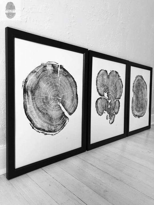 Three Panel Wall Art, Tree Blocks, Woodcut print, Tree hugger gift, Signed Original 18x24 inches