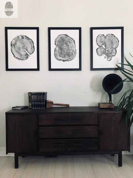 Three Panel Wall Art, Tree Blocks, Woodcut print, Tree hugger gift, Signed Original 18x24 inches