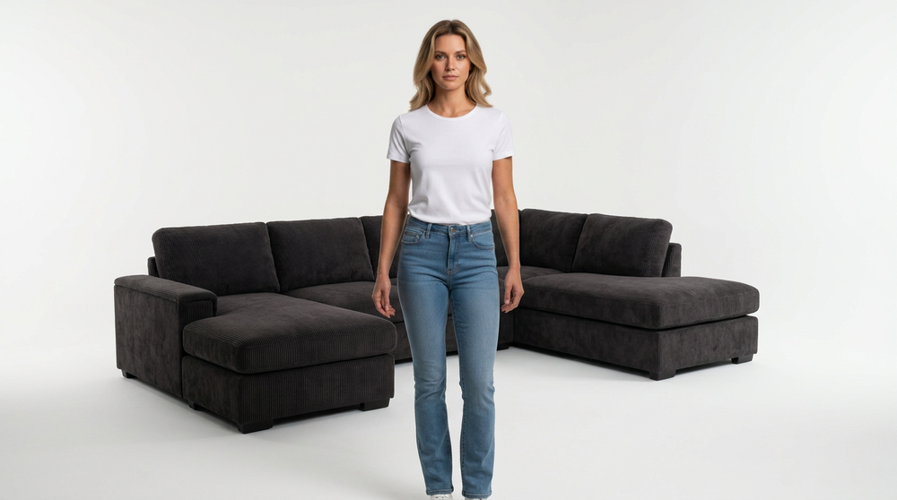 Sectional Sofa Deep Seat Sofa Couch With Ottomans, Corduroy Sofa Sleeper Comfy Upholstered Furniture For Living Room, Apartment, Office, 4-Seat & 2-Ottoman, Black