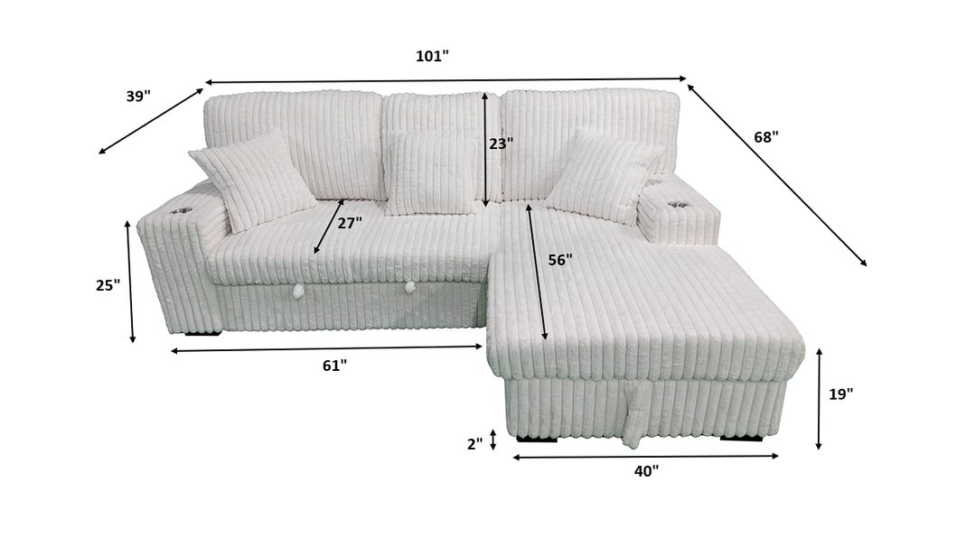 Venice Ivory Corduroy Storage Sleeper Sectional w/ Dual Cupholders &amp; USB Ports