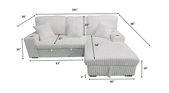 Venice Ivory Corduroy Storage Sleeper Sectional w/ Dual Cupholders &amp; USB Ports