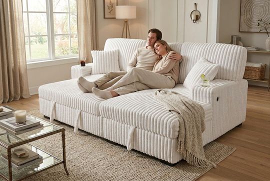 Venice Ivory Corduroy Storage Sleeper Sectional w/ Dual Cupholders &amp; USB Ports