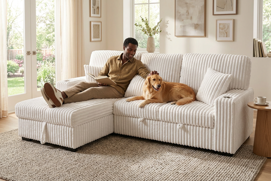 Venice Ivory Corduroy Storage Sleeper Sectional w/ Dual Cupholders &amp; USB Ports