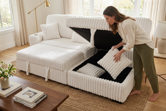 Venice Ivory Corduroy Storage Sleeper Sectional w/ Dual Cupholders &amp; USB Ports
