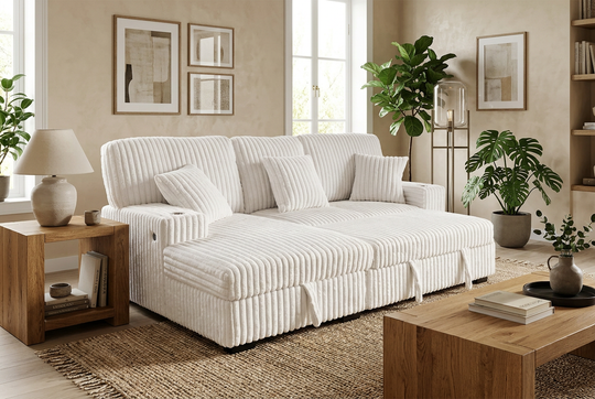 Venice Ivory Corduroy Storage Sleeper Sectional w/ Dual Cupholders &amp; USB Ports